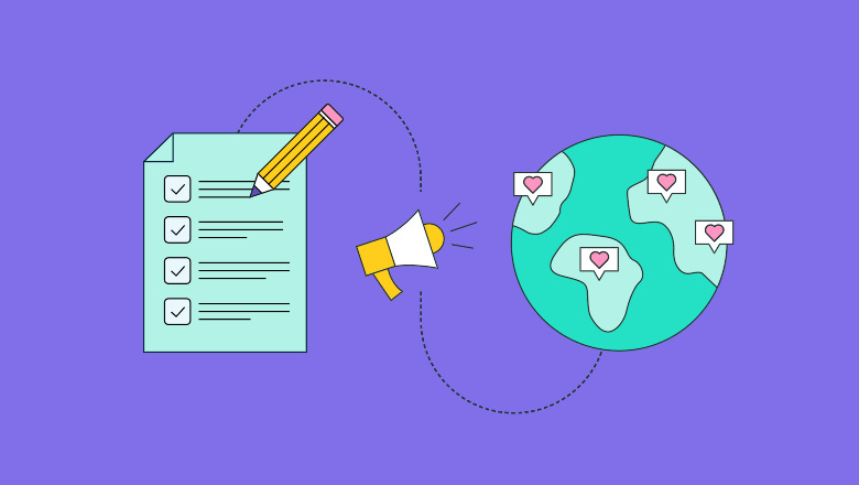 A graphic of a checklist and a globe against a purple background.