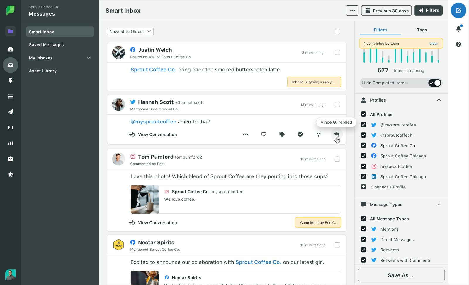 Collision detection notifications in Sprout’s Smart Inbox help you and your team avoid sending duplicate or conflicting responses to the same message.