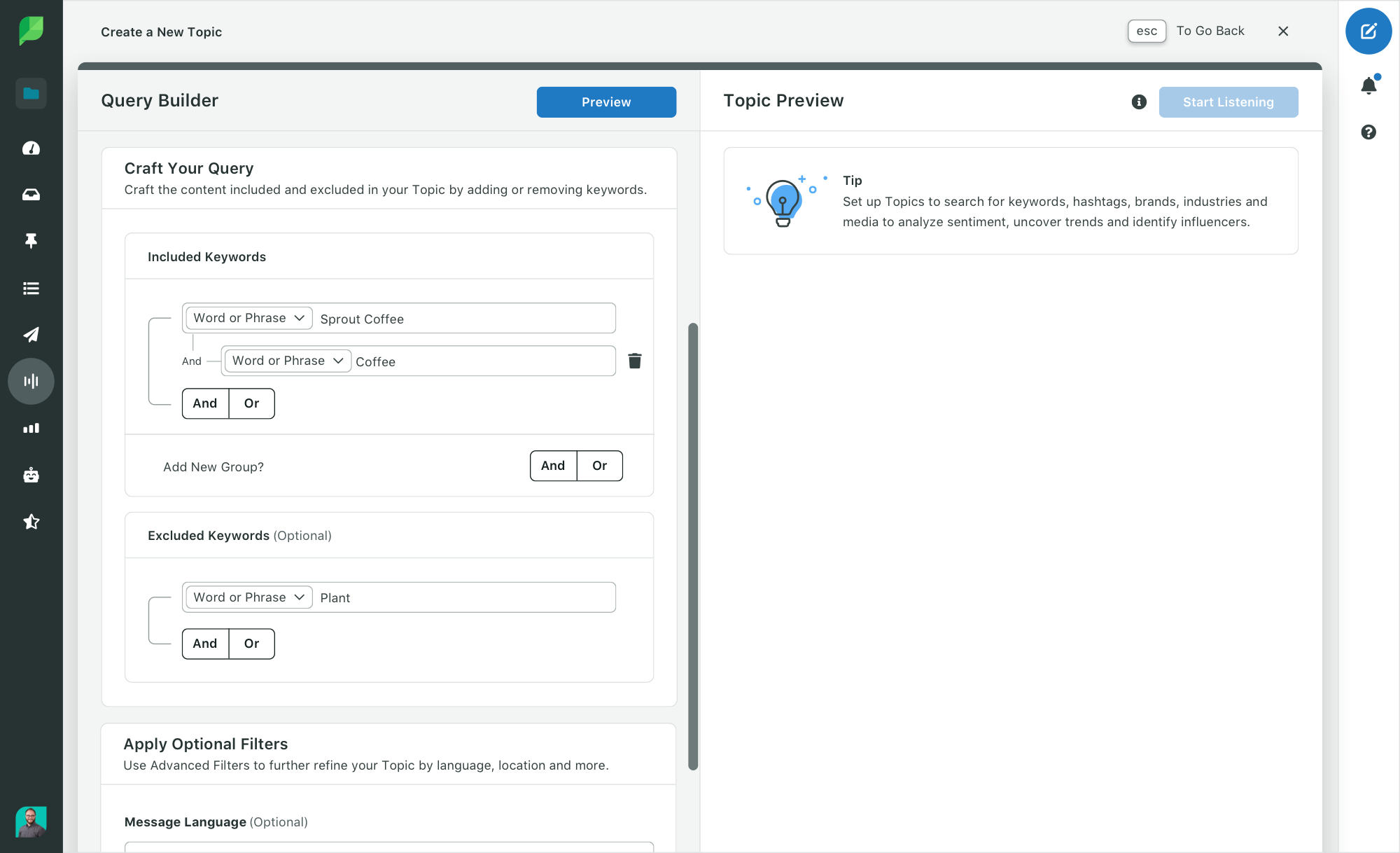 sprout social listening query builder